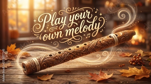 Ornate wooden flute with enchanting smoke swirls on rustic table, surrounded by autumn leaves, 
