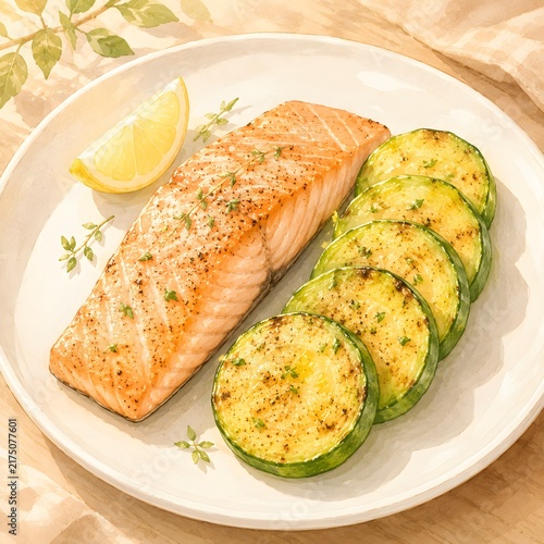 illustration of a healthy grilled salmon steak served with sliced zucchini and fresh lemon on a plate.