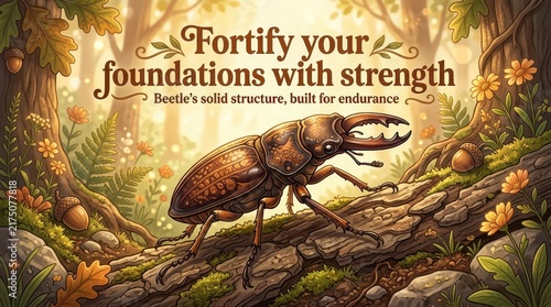 Majestic Stag Beetle in Enchanted Forest, Symbolizing Strength, Endurance, and Natural Resilience with Motivational Text