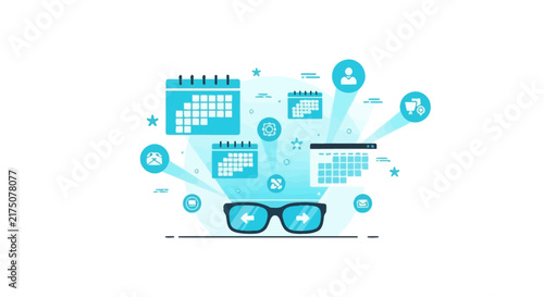 AR Smart Glasses Projecting Digital Calendars and Productivity Icons Flat Vector Illustration