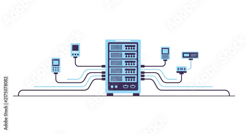 Flat vector illustration of a server rack connected to digital devices, representing cloud computing, data hosting, and network infrastructure.