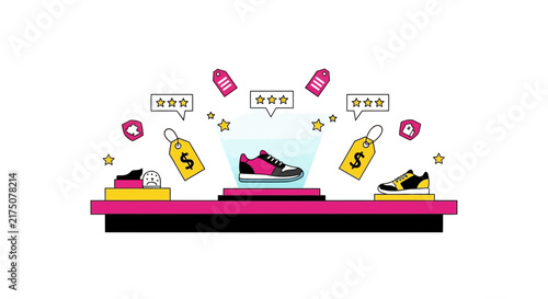 E-commerce Sneaker Display Illustration with Price Tags and Customer Ratings