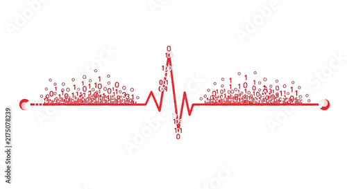 Abstract Red Heartbeat Pulse with Binary Code Data on White Background