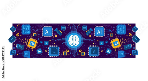 Artificial Intelligence and Neural Network Concept Banner with Digital Brain and Microchip Circuitry