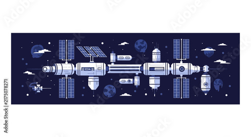 Futuristic Space Station Flat Vector Illustration Banner with Orbital Satellites and Planets