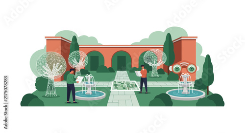 Landscape architects planning modern garden with wireframe trees and fountains; flat vector illustration of urban park design concept.