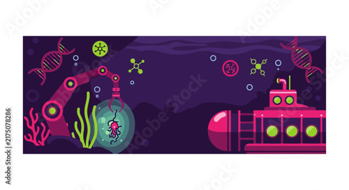 Underwater Biotech Research Laboratory Vector with Submarine and DNA