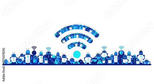 Blue robots forming a wireless WiFi symbol, symbolizing AI connectivity and automated networking.