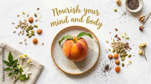 Overhead flat lay of healthy food ingredients including a fresh peach, nuts, seeds, and dried fruit with inspirational text 'Nourish your mind and bod