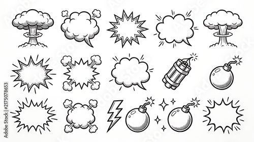 Fototapeta Vector comic book explosion speech bubbles and vintage bomb elements line art set