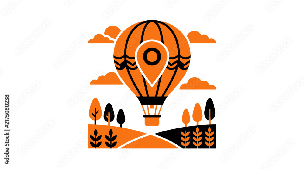 Fototapeta premium Hot air balloon with location pin over landscape