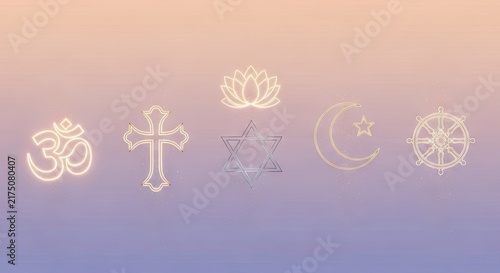 Glowing world religion symbols on purple gradient background