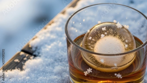 Whiskey glass with round ice sphere in snow.