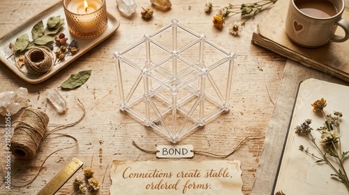 Overhead view of a crystal geometric sculpture on a rustic wooden table with natural elements, creating a sense of order and connection.