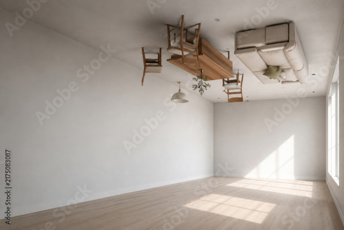 Furniture hangs upside down from a room ceiling. Space for text.