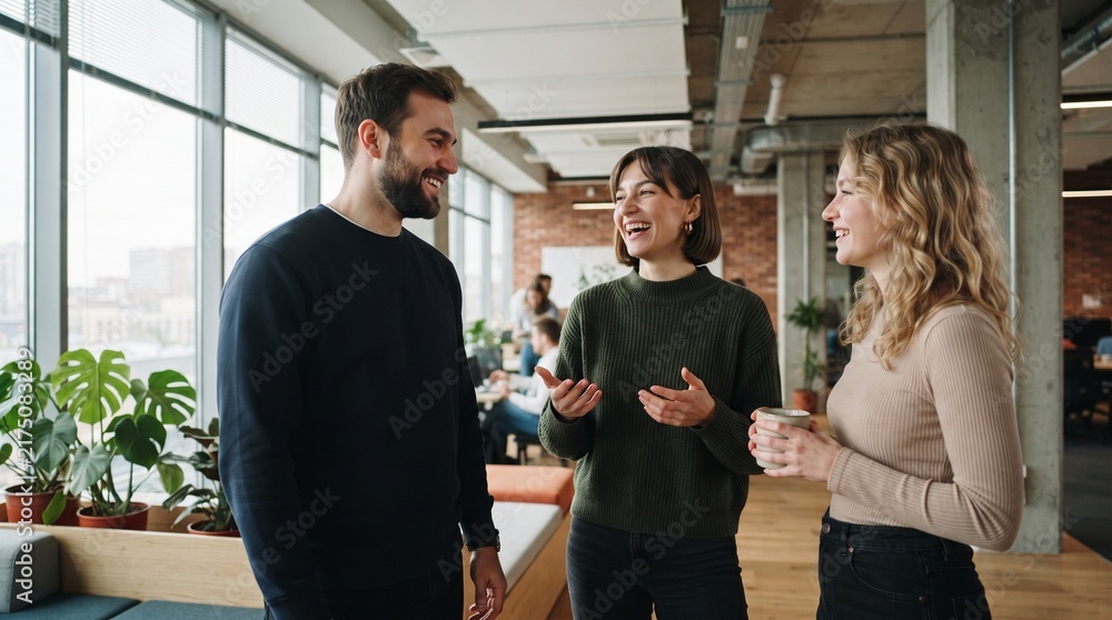 Obraz premium Cheerful young business team discussing modern fintech solutions, startup project investment growth, digital corporate collaboration and financial strategy in bright modern office loft.