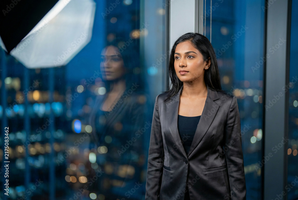 Obraz premium South Asian businesswoman in charcoal grey suit standing by office window looking at nighttime city skyline view