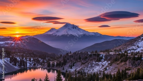Sunset over mountain lake with unique lenticular clouds.
