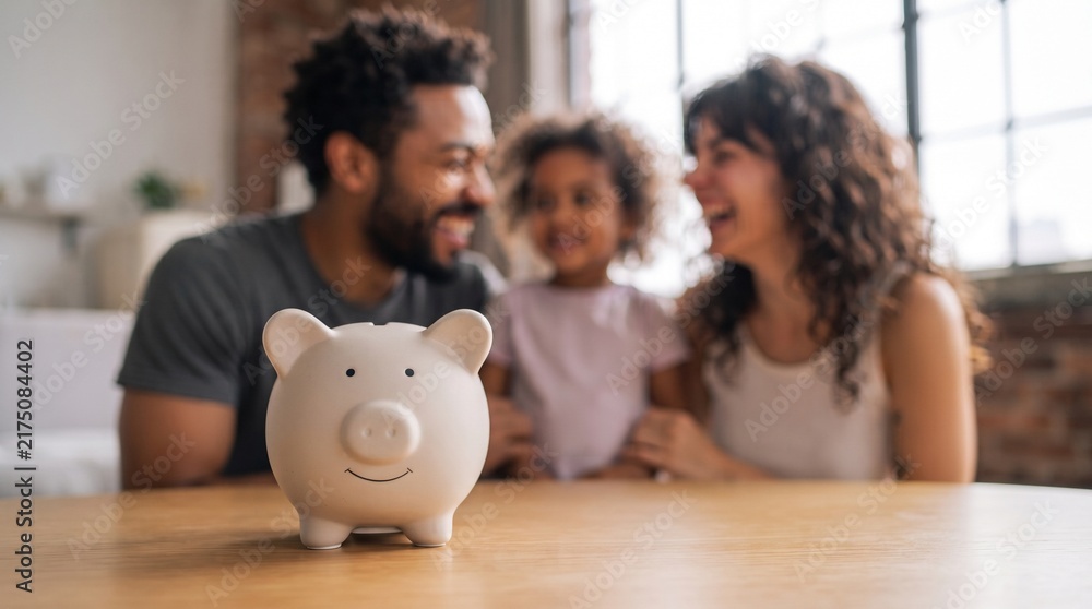 Obraz premium Piggy bank in focus on wooden table with happy blurred biracial family in background, symbolizing financial planning, family budget, wealth security, investment growth, and insurance savings.