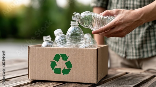Person sorting empty plastic bottles into a recycling box outdoors, promoting waste reduction and sustainable living.