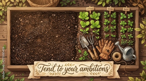 Overhead view of a raised garden bed with fertile soil, young vegetable plants, gardening tools, gloves, watering can, and twine, promoting growth and