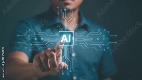 Man's Hand Interacting with Digital AI Interface in Dark Studio Setting with Cinematic Lighting