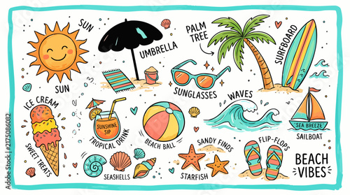 Colorful Summer Beach Scene Illustration with People and Sun