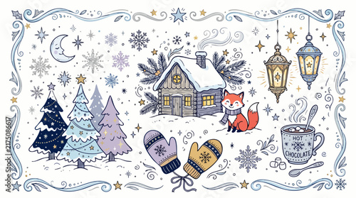 Winter Doodle Illustration with Snowy Landscape and Cozy Cabin