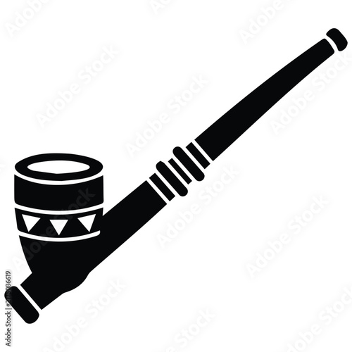 Traditional peace pipe silhouette black and white vector line art for cultural concepts.