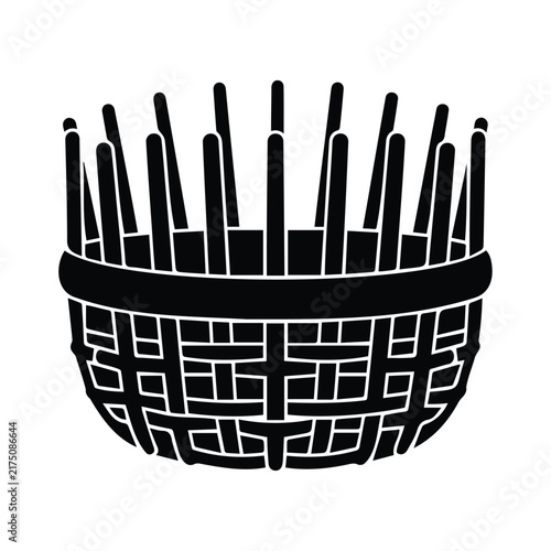 Wicker basket silhouette vector illustration in black line art for storage concept icon.