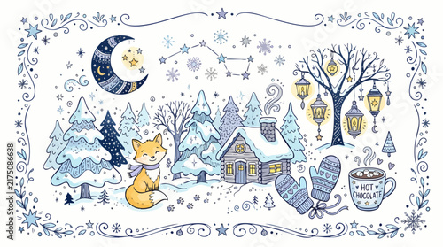 Winter Doodle Illustration with Snowy Scene and Cozy Elements