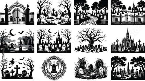 Set of black and white halloween graveyard silhouettes featuring spooky tombstones and haunted cemetery landscape scenes