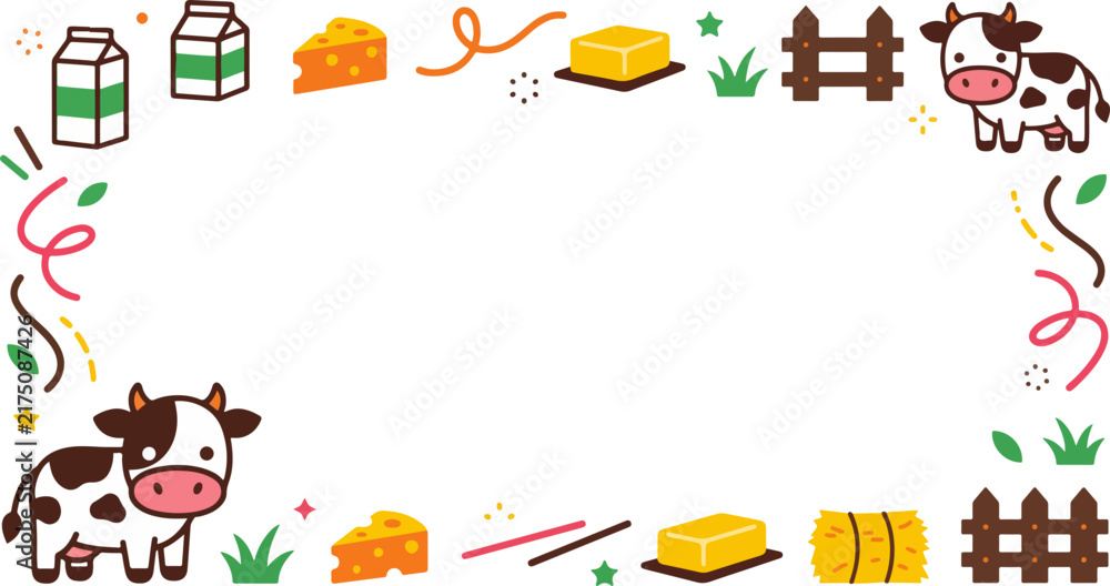 Fototapeta premium Delightful dairy farm border with playful cow, milk, and cheese designs