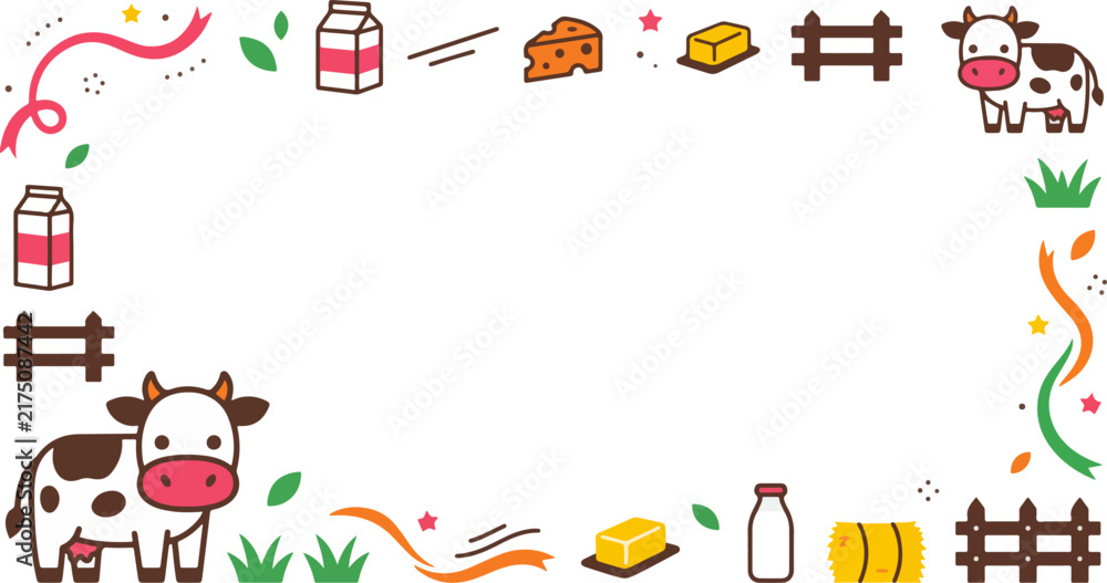 Fototapeta premium Cute Dairy Farm Themed Frame Illustration with Cows and Milk Products