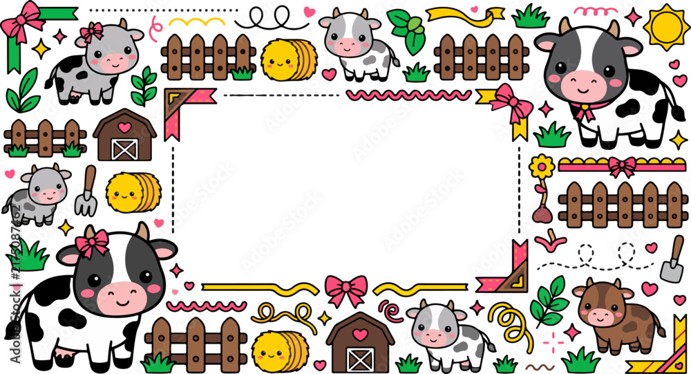 Fototapeta premium Cute Kawaii Cow Farm Border and Frame Design Element