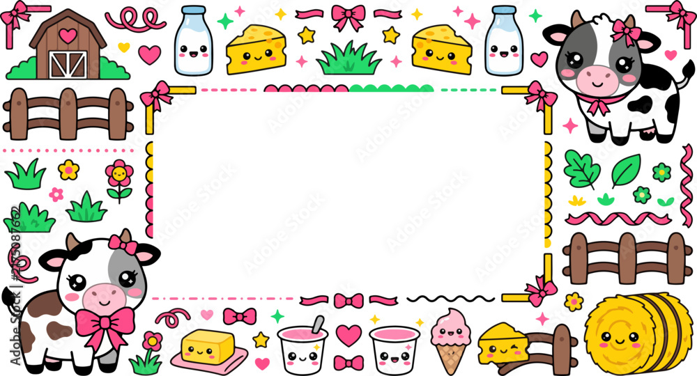 Fototapeta premium Cute Kawaii Cow Farm Frame Template with Milk and Cheese
