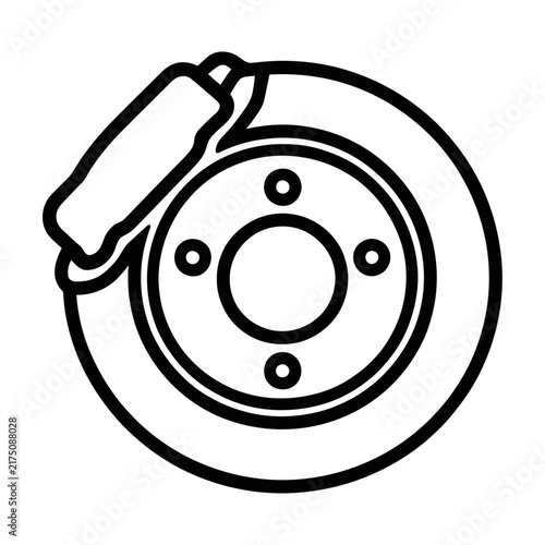 Black and white vector illustration of car brake disc rotor and caliper automotive part symbol