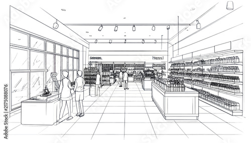 Modern retail store interior perspective in black line art.