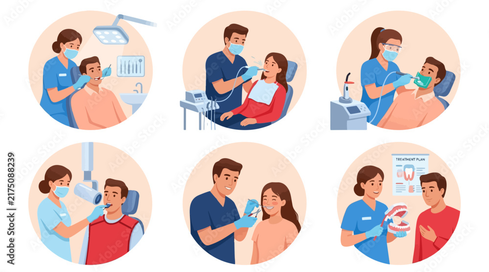 Fototapeta premium Dental clinic professional procedures set showing dentists working on patients in modern flat vector illustration style for medical healthcare services