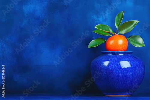 Mandarin orange on top of blue ceramic vase against dark blue textured background with copy space.