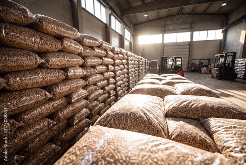 Wood Pellets in Stacked Bags for Biomass Renewable Energy Storage
