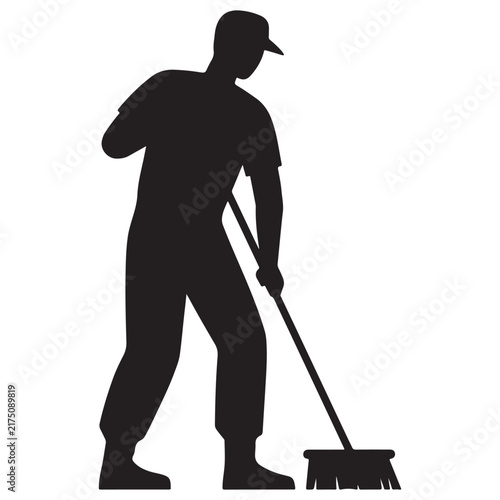 Black silhouette of a worker wearing a cap and standing while using a push broom for cleaning, isolated on a white background