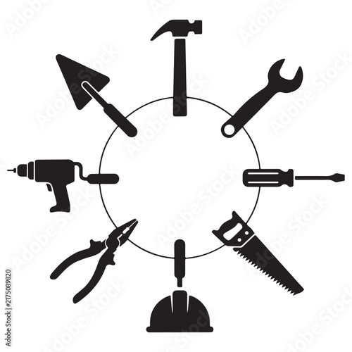 Circular arrangement of black silhouette construction tools and a hard hat, featuring a drill, wrench, and saw on a white background