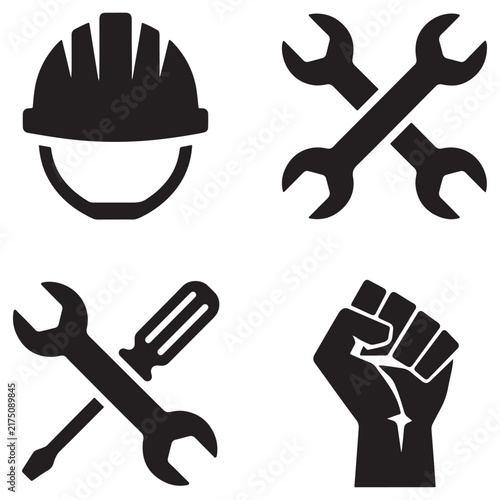 A collection of four black featuring a construction helmet, crossed wrenches, a wrench with a screwdriver, and a raised fist on white background