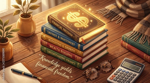 Stack of financial freedom books with dollar sign on top, symbolizing knowledge for wealth, next to glasses, calculator and plants