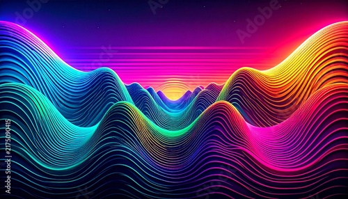Retro 80s synthwave abstract landscape with vibrant neon waves and cosmic sky