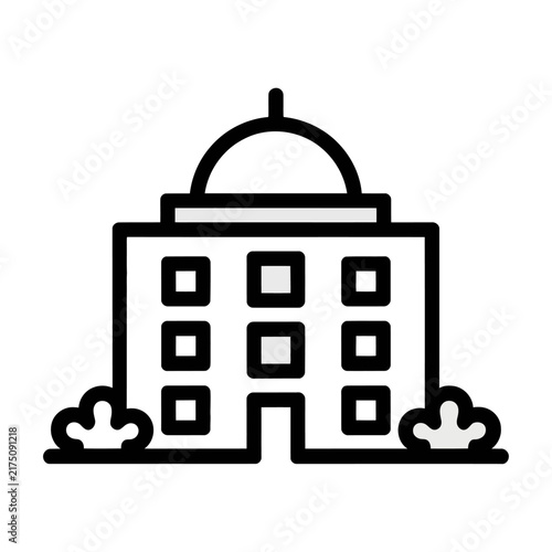 Architectural vector line icon of a government building with dome roof and bushes