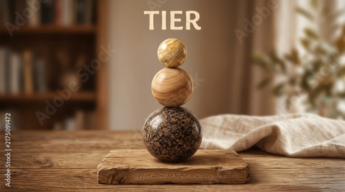 Stack of three balancing stones on a wooden board, symbolizing harmony, stability, and mindfulness in a tranquil setting.