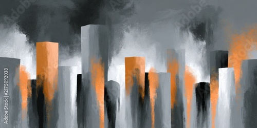 Abstract city skyline with tall textured gray buildings accented by orange vertical streaks against smoky layered background, for urban decor, architectural mood boards, and editorial branding visuals