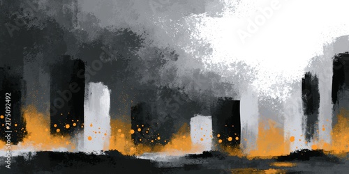 Abstract grayscale cityscape with charcoal brush textures and orange spray accents along glowing horizon, suitable for modern urban decor, cover art, or editorial background